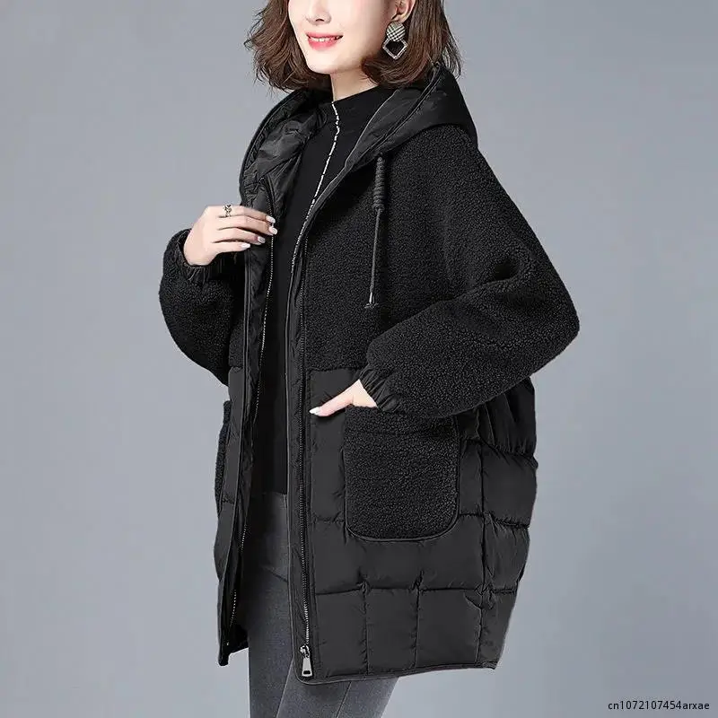 Women Padded Jackets Autumn Winter Hooded Outerwear 2023 Loose S-4XL Down Cotton Jacket Mid-Length Lamb Wool Thick Coat Female