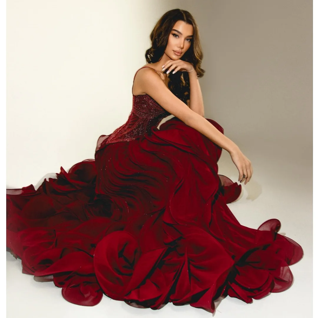 

Exquisite Burgundy Ruffles Evening Dresses Elegant Sequins Beaded Prom Gown Layers Party Dress Customized Floor Length Vestidos