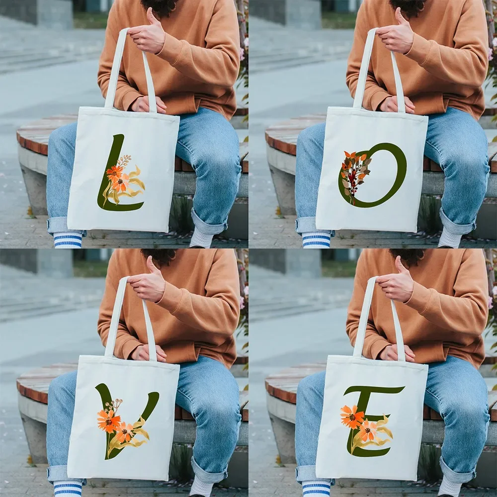 Fashion Shopping Bag Green Initials Print Casual Canvas Bag Shoulder Bags Reusable Handbag Casual Shopper Tote Bag Party Gifts