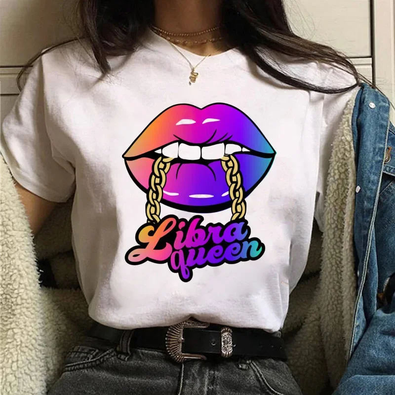 Constellation Queen Lip Print Women T Shirt Short Sleeve O Neck Loose Women Tshirt Ladies Fashion Tee Shirt Tops Camisetas Mujer