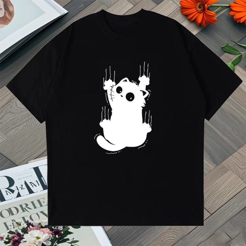 

2025 Funny Climb Cute Cat Design Graphic Oversized t-shirts Summer Printed Tops Unisex Crew Neck Men Women short sleeve T shirt