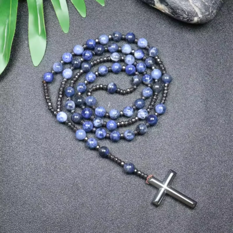 Nature Stone Handcrafted Necklace Gemstone 99pc Bead Cross Catholicism Natural Crystal Necklace Jewelry for Men Women