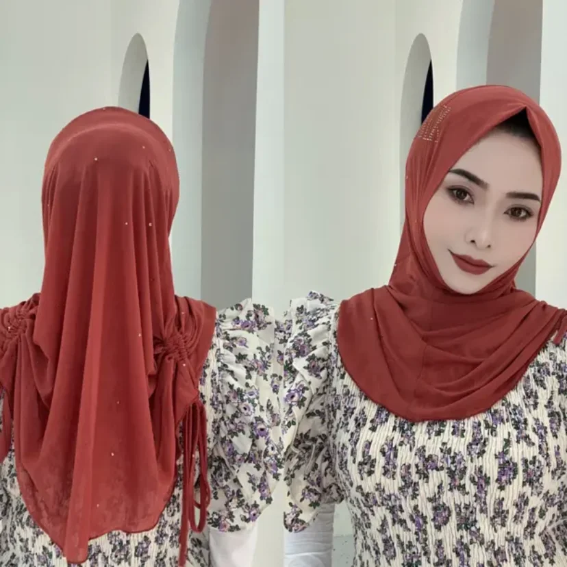 Muslim Diamond Shawls for Women, Drawstring Design Hijabs, Moslem