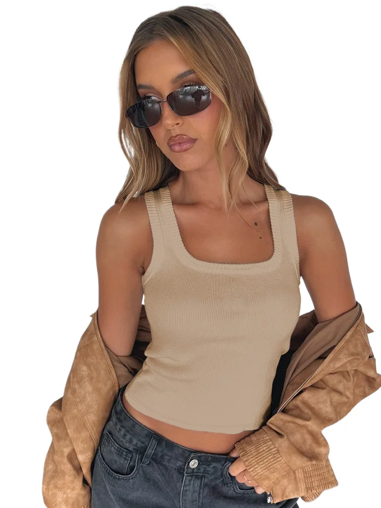 

Spring Summer New Women's Fashion Solid Color Fitness Sexy Sleeveless Square Neck Sleeveless Temperament Vest Top