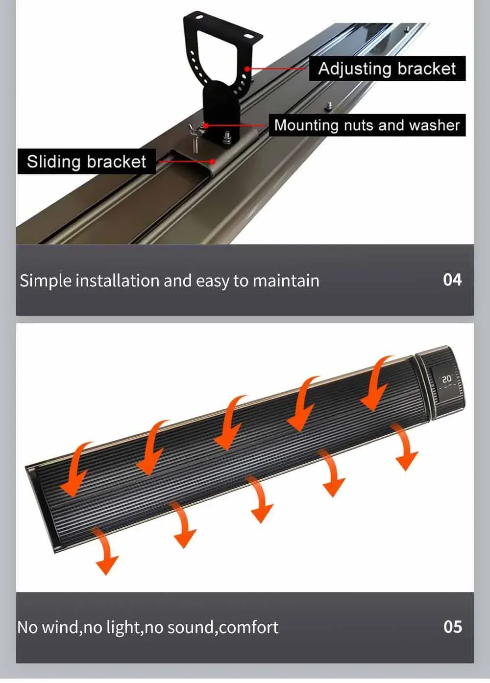 2400W JHheatsup  Wifi outdoor strip heater patio panel el calentador electrico wall mounted infrared heater for Yoga garden