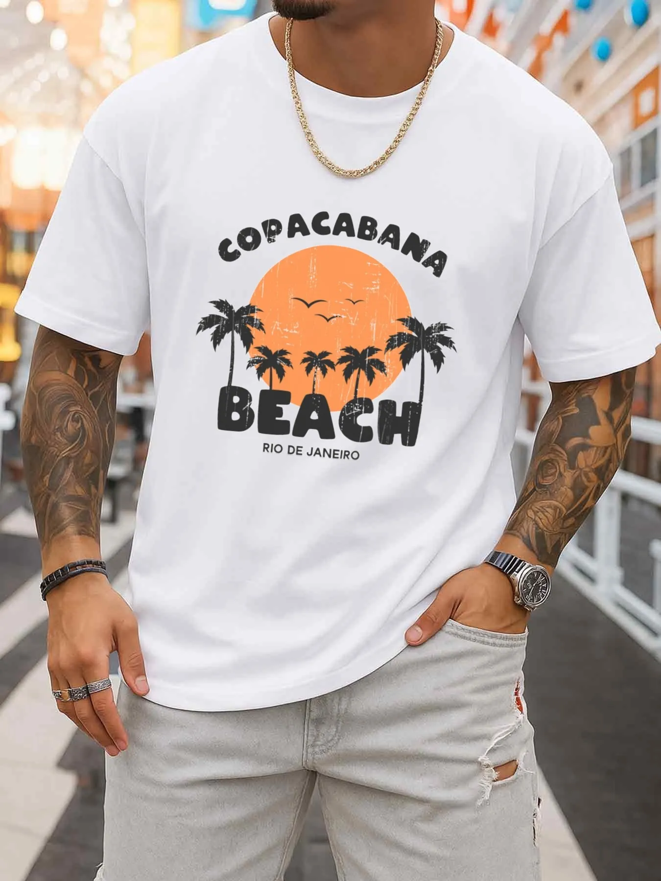 Rio De Janeiro Saint-Gallen Beach T-Shirt, Men's White Crew Neck T-Shirt, Regular Fit, Casual Style, Printed, Machine Washable, Suitable for All Seasons and Everyday Wear, Easter Gift