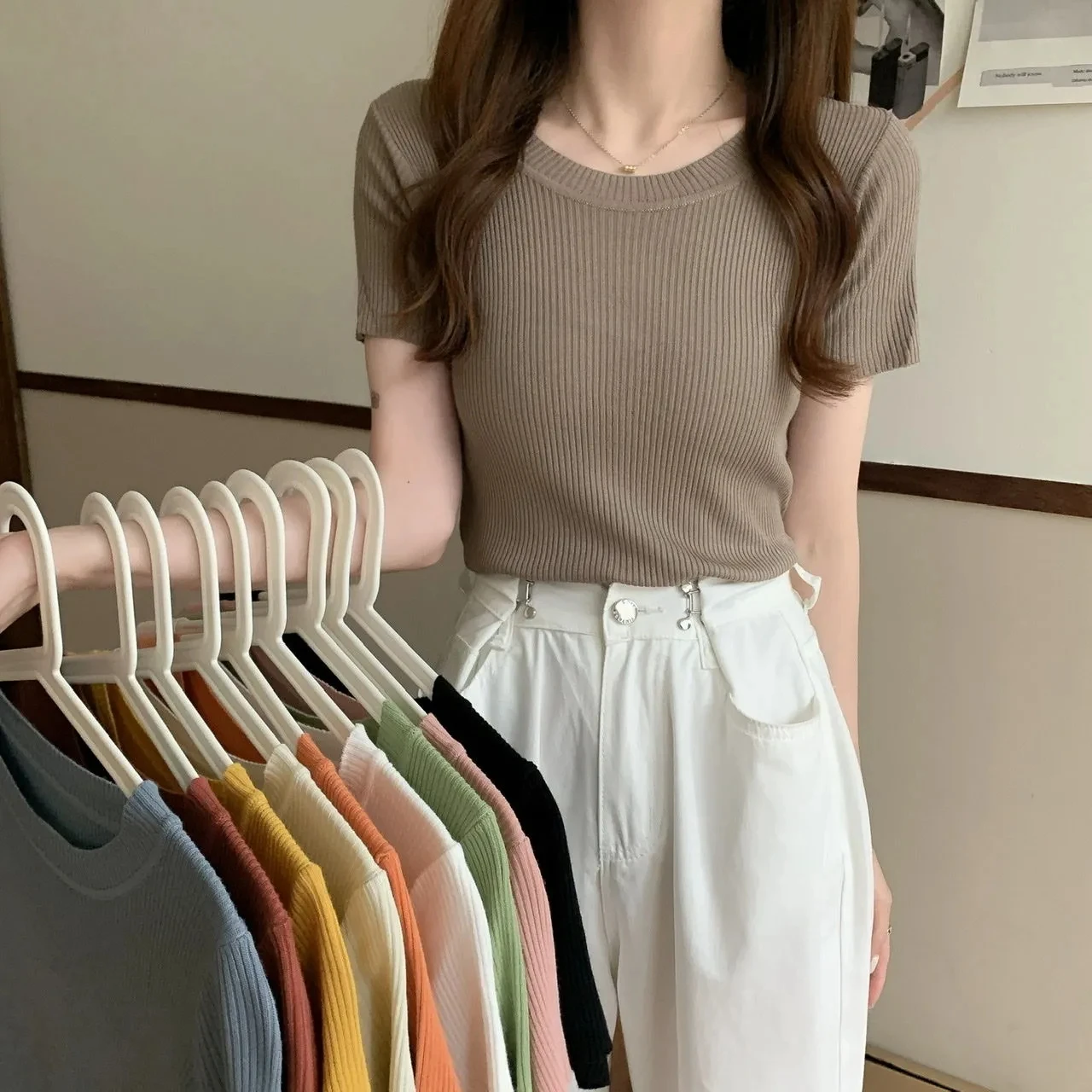 Knit Slim Aesthetic Short Sleeve T Shirt Solid White Green Fashion Woman Blouse 2023 Summer Crop Tops