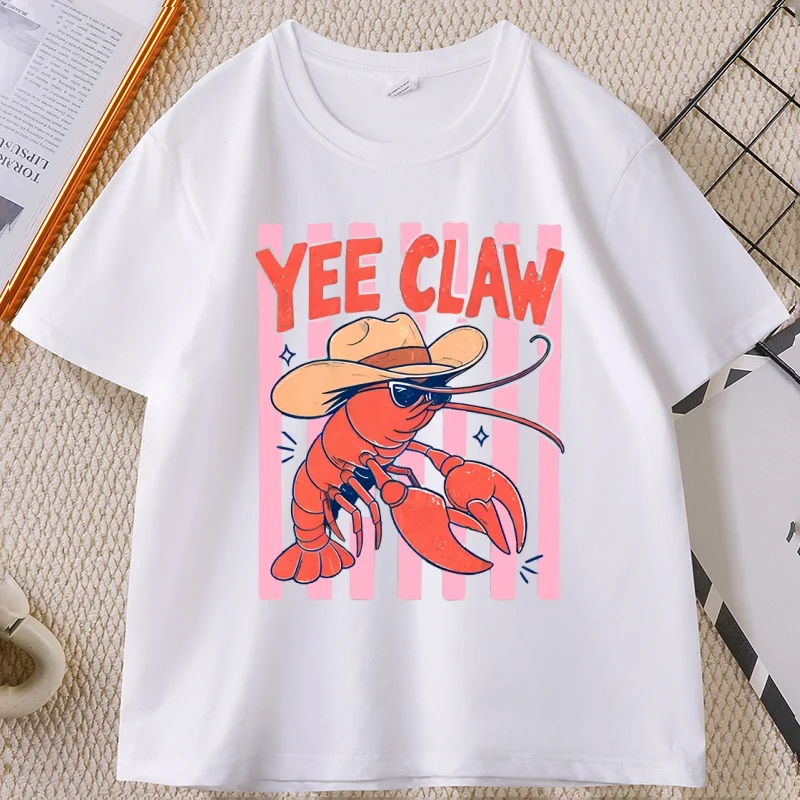 Lobster Cowboy T Shirt Summer Beach Yee Claw T-Shirt Funny Western Coastal Cowgirl Graphic Tee Trendy Cute Short women Sleeve