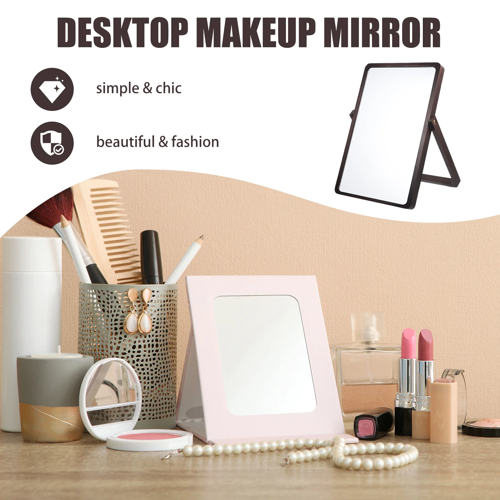 

Single Desktop Makeup Mirror Wooden Foldable Design Clear Hd Reflection Stable Tabletop Mirror for Home Students