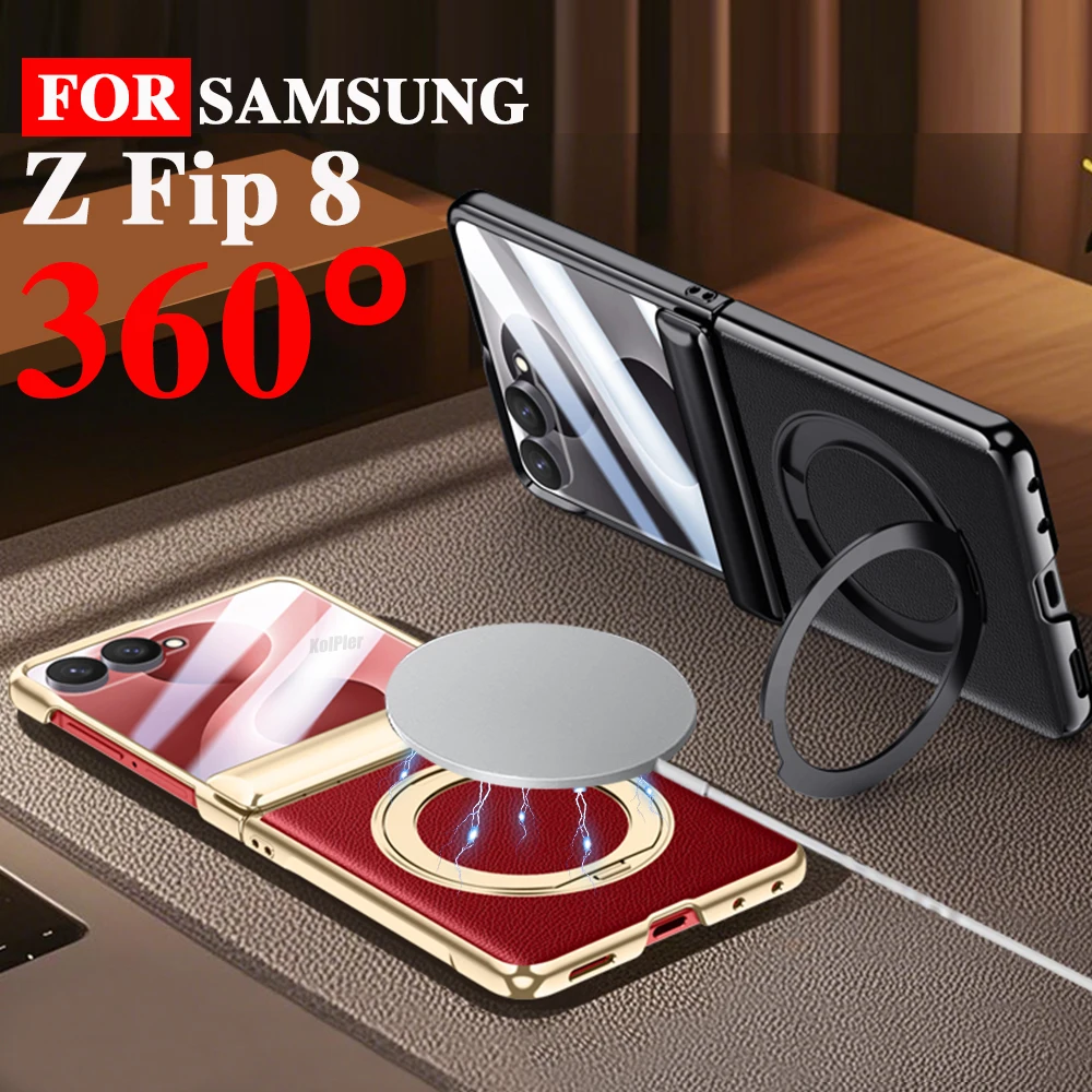 Leather Skin feel Stand Cases For Samsung Z Flip 8 Flip8 2026 Magnetic Flip Protection Glass Srceen Protector Ring Holder Cover
