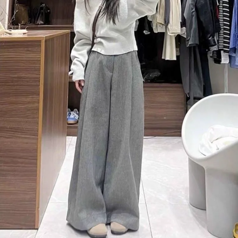 

Women's Korean Style Preppy Vintage Gray Wide Leg Pants Spring Autumn Versatile Slim Casual Floor Length Straight Leg Long Pants