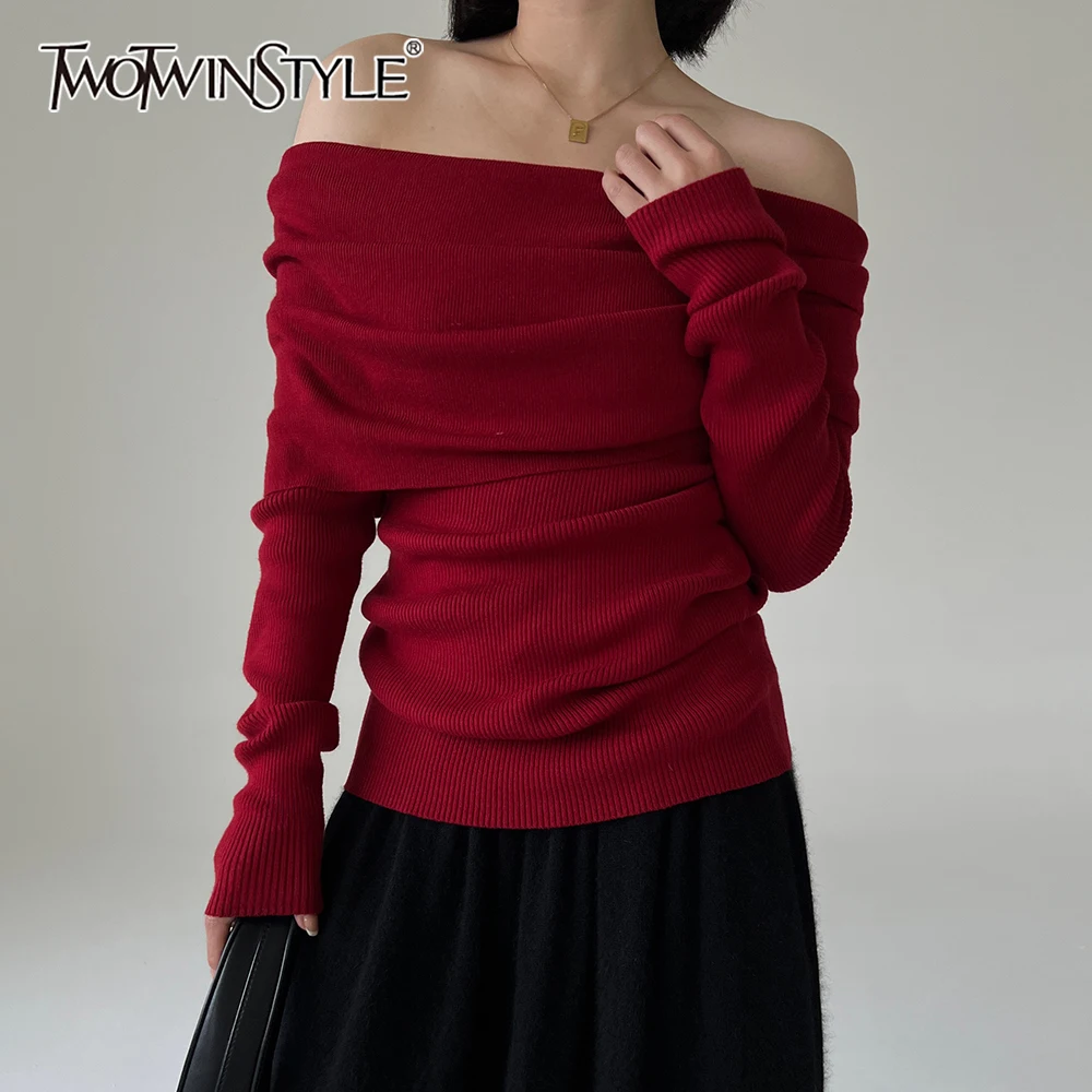 

TWOTWINSTYLE Solid Spliced Folds Sweaters For Women Slash Neck Long Sleeve Temperament Slimming Knit Tops Female Fashion Clothes