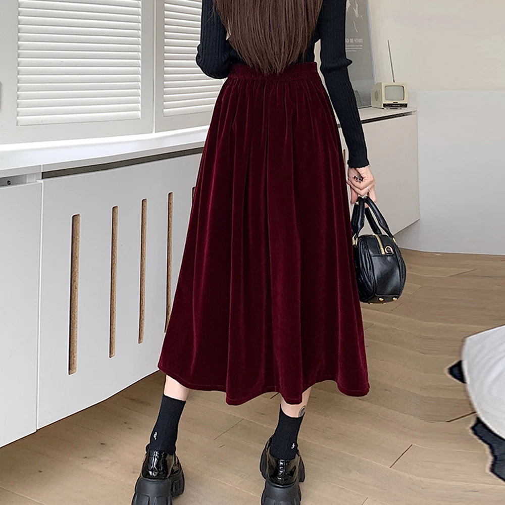 Women\'s Autumn Winter Loose Elastic Waist Pleuche Gold Velvet Skirt Solid Big Swing Casual A-line Female Pleated Skirt Black