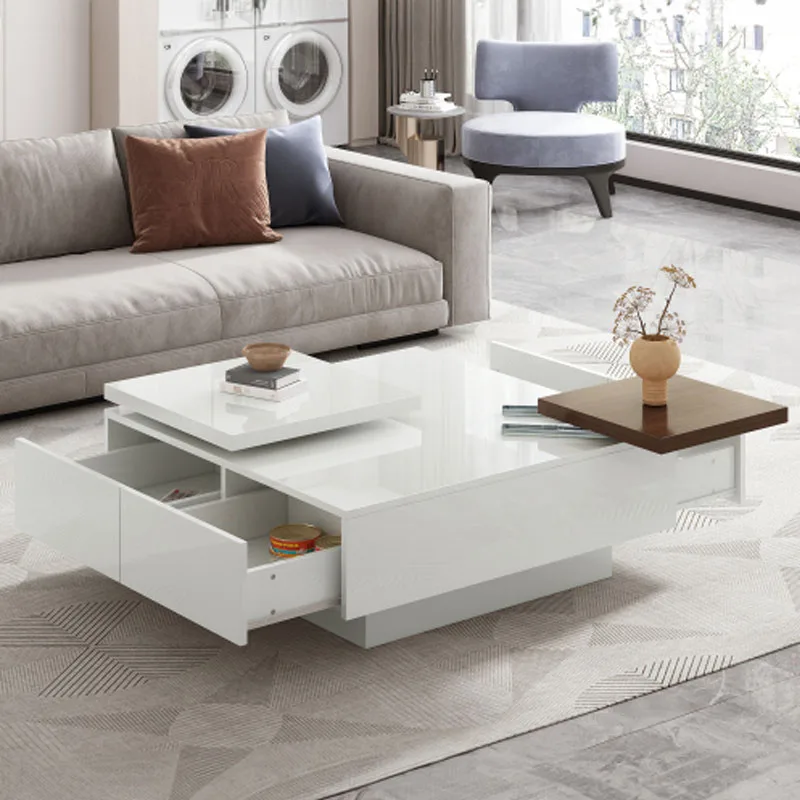 Movable Top Coffee Table, Modern Square Wood Coffee Table with High Gloss finish, 4 Hidden Storage Drawers for Living Room