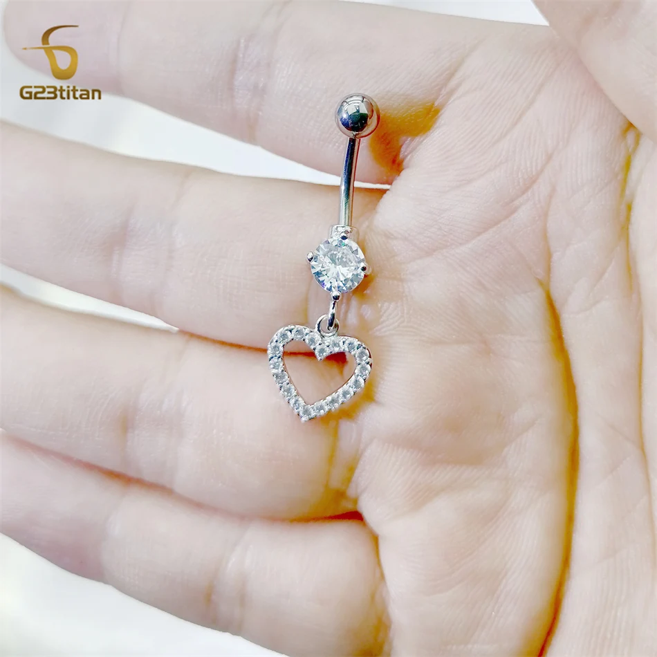 G23titan Crystal Heart Dangle Belly Ring 14G Surgical Titanium Nombril Ombligo Navel Piercing Bar Sexy Women Body Accessories