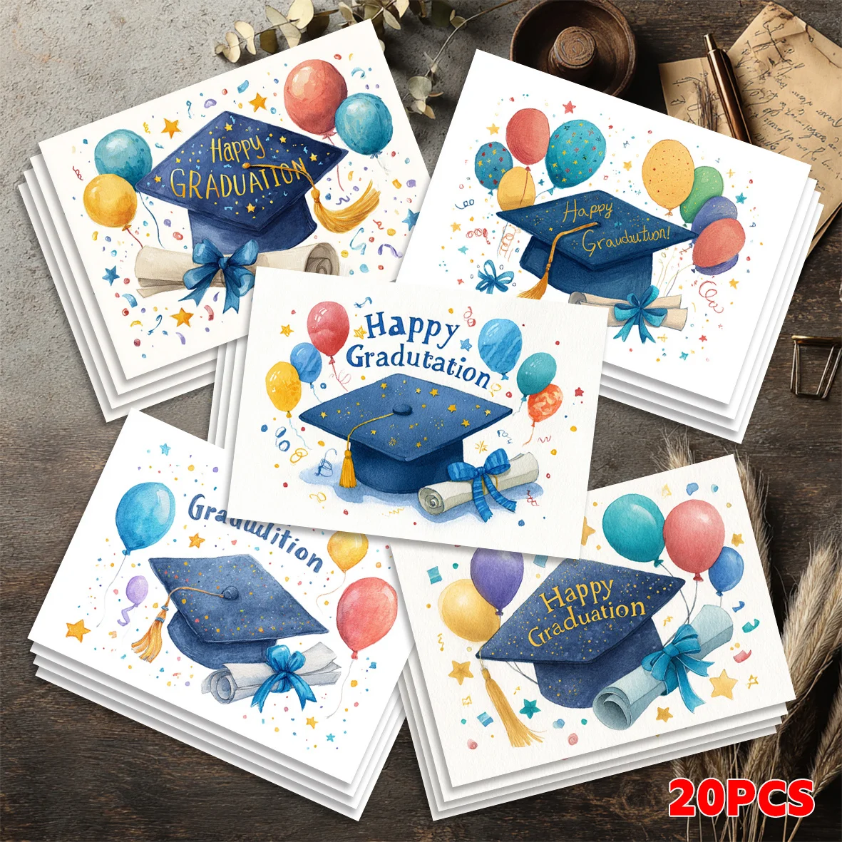 20PCS Graduation Themed Greeting Cards, Degree Caps, Colorful Balloons, Blank Design on The Back That Can Be Written