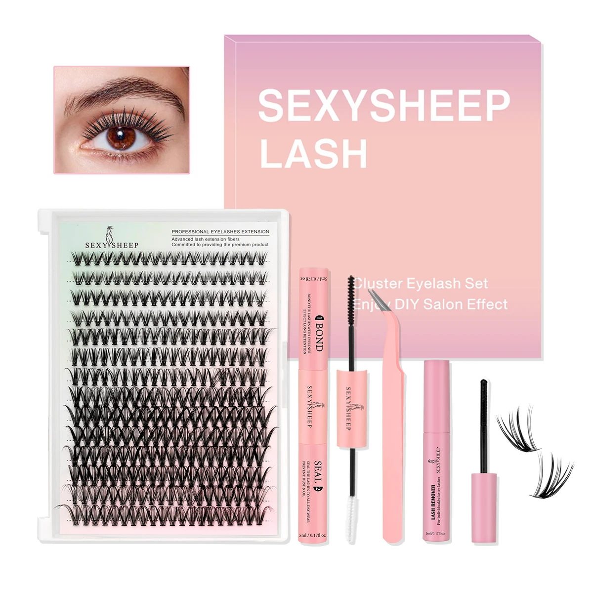 DIY Wimpernverlängerungsset, individuelles Wimpernverlängerungsset, Cluster-Wimpern-Set, Wimpernkleber-Entferner, Wimpernpinzette