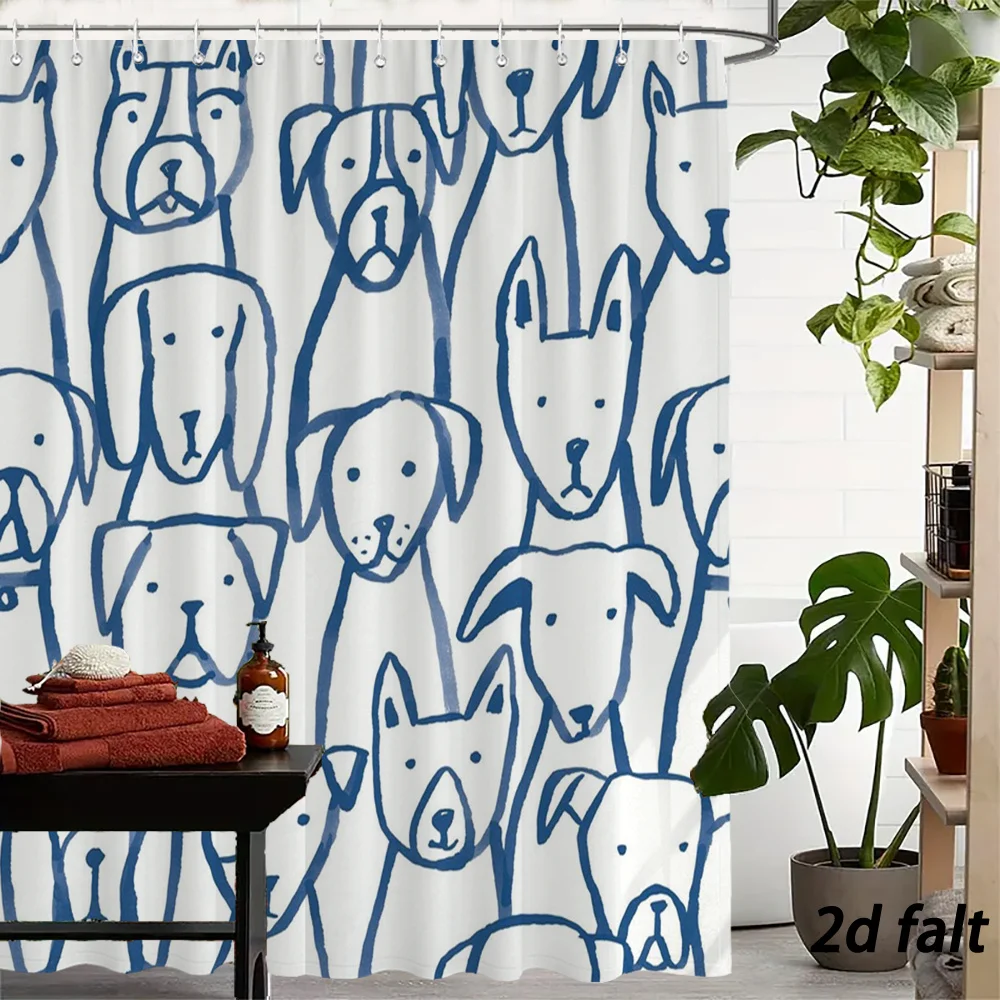 Blue Line Dog Pattern Shower Curtain – 2D Flat, 12 Hooks, 70.8×70.8 in, Polyester, Machine Washable, Playful Canine Design
