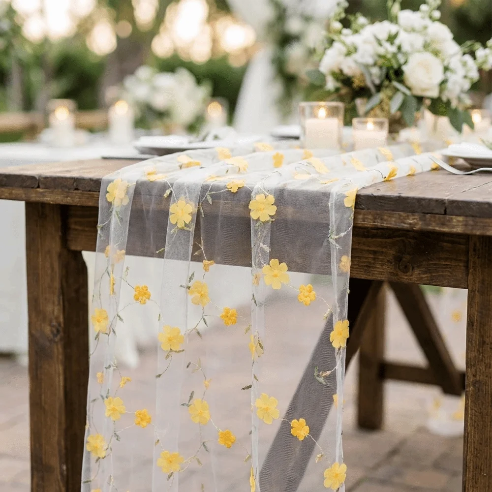 Elegant Romantic Tulle Table Runner 3D Embroidery Semi-Transparent Gauze Table Flag Vintage Floral Tablecloth Photography Prop