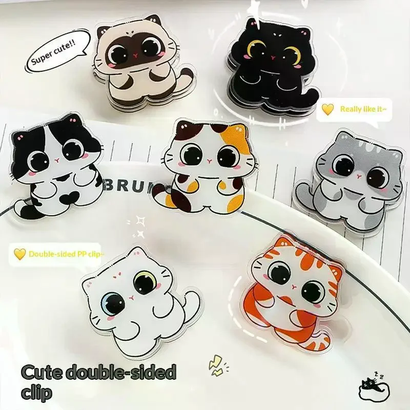 7Pcs Cartoon Cat PP Clip Set Waterproof Acrylic Paper Clips for School Office Stationery Supplies