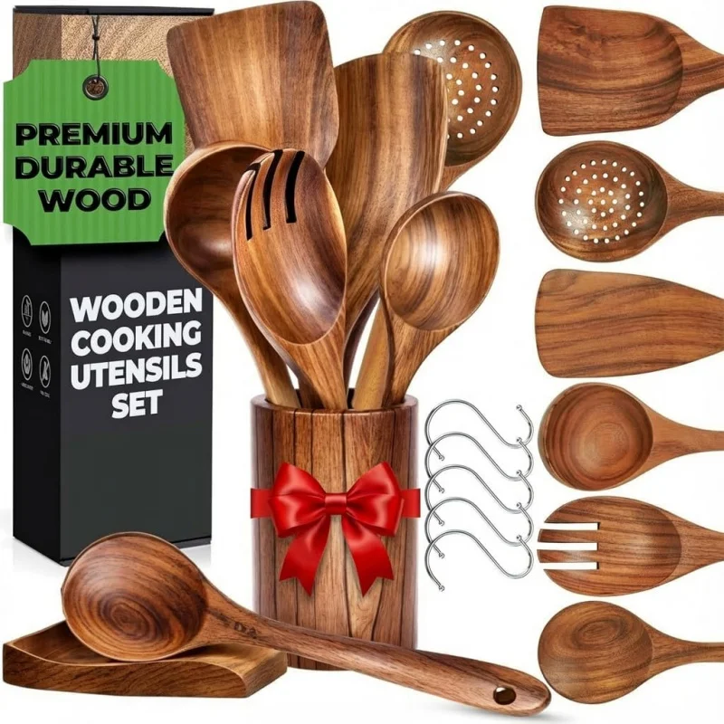 

8-Piece Natural Teak Wooden Cooking Utensil Set - Non-Scratch, Easy to Clean with Spatula, Ladle, Holder & Hooks (Kitchen Gift)