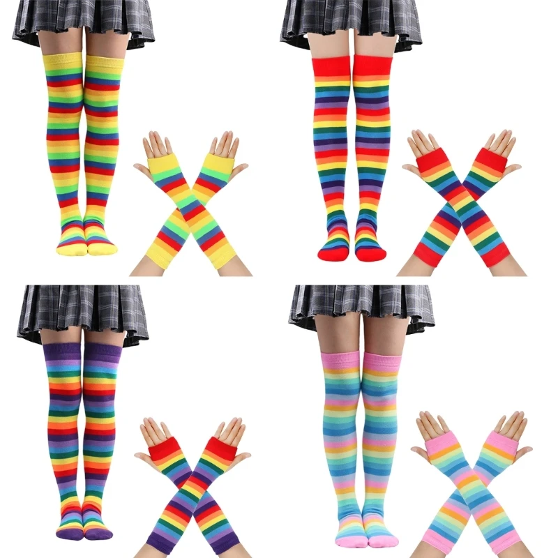 

Women Colorful Fingerless Long Gloves Rainbow Striped Arm Sleeves Stockings Autumn Winter Decorative Gloves Stretchy Warm Socks