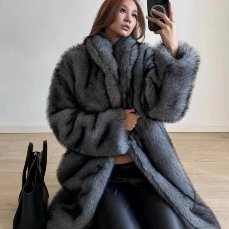 2025 New Faux Fur Long Length Coat with Shawl Collar Imitation Fox Fur Style Long and Warm Outerwear shawl collar Thick Jackets
