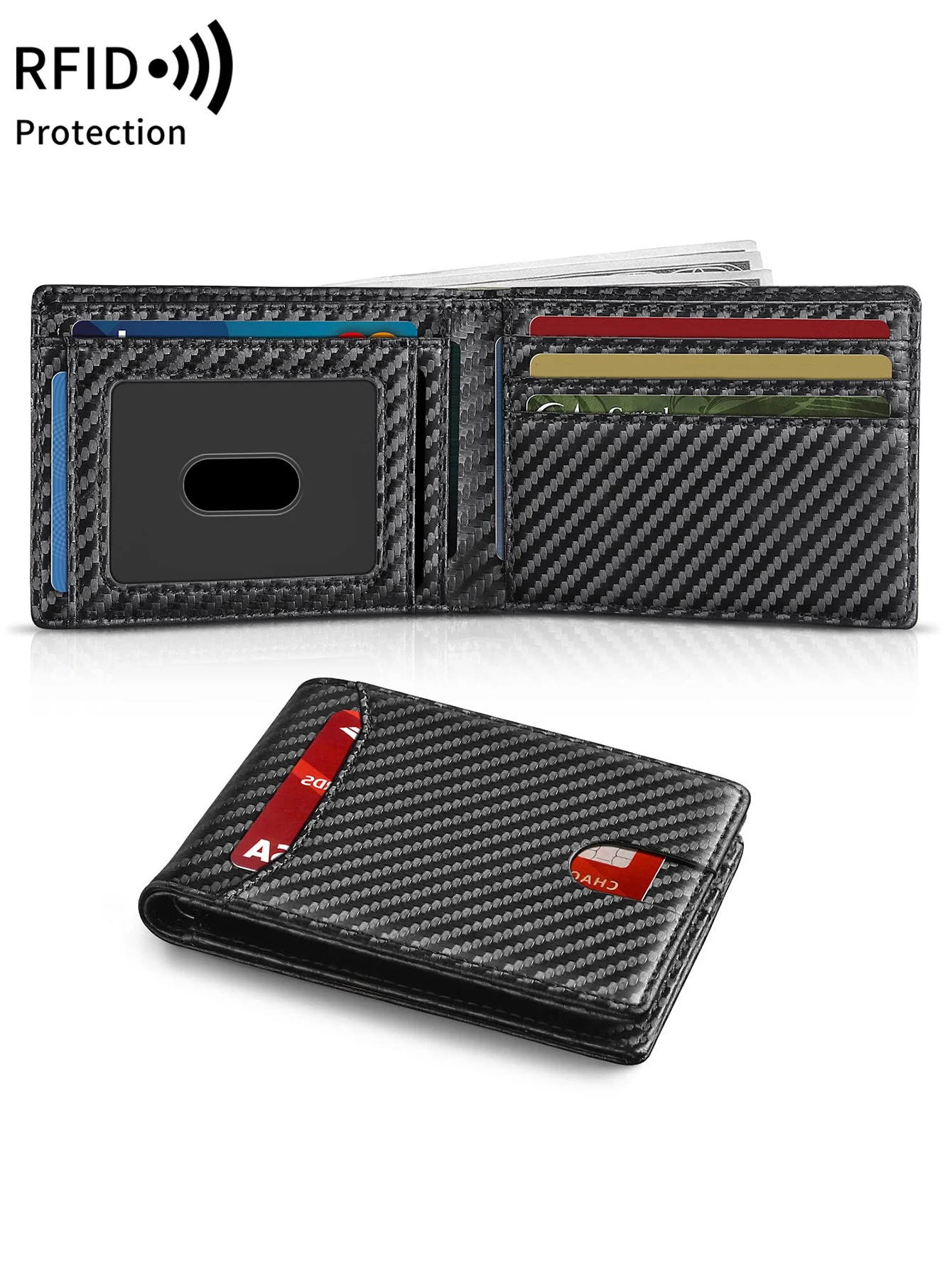 Men's Ultra-Thin RFID Double Fold Wallet Minimalism Carbon Fiber Pattern UltraThin Card Holder Fashionable Wallet,with ID Window