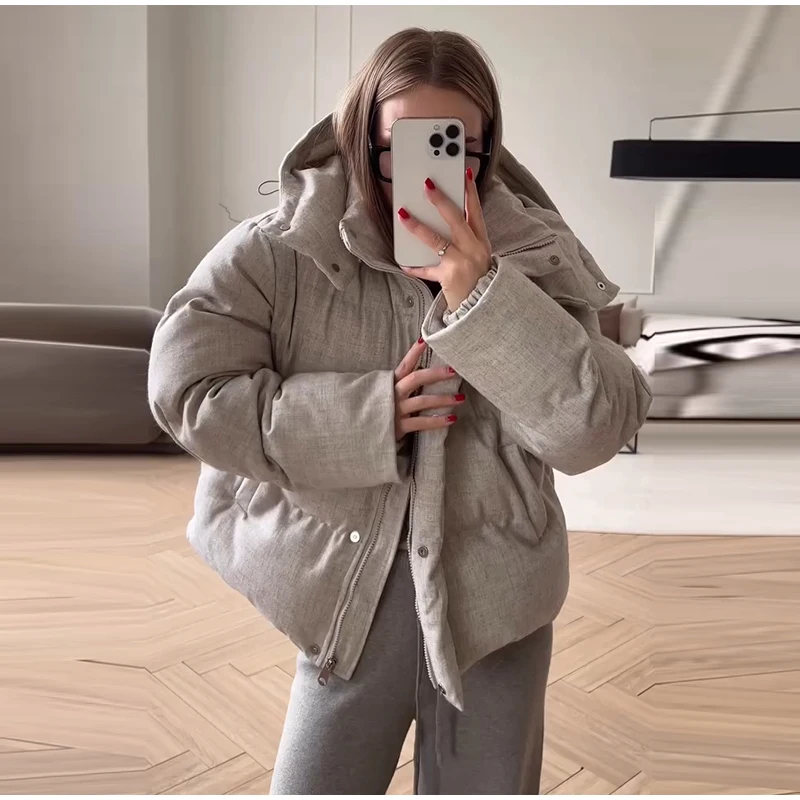 Hooded Stand Collar Fitted Puffer Coat Zip‑Up Oversized 2026 Winter Women Warm Padded Jacket Glam Causal Lady Cotton‑Padded Coat