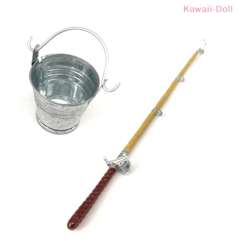 2Pcs/Set 1:12 Metal Fishing Rod Model + Water Bucket Dollhouse Miniature Accessories