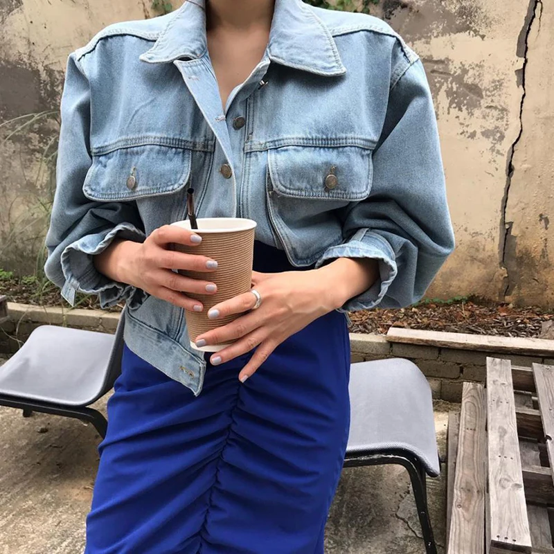 New Autumn Long Sleeve Jeans Top Chic Women Single Breasted Office Denim Jackets Harajuku Multi-pocket Design Slim Cargo Coats