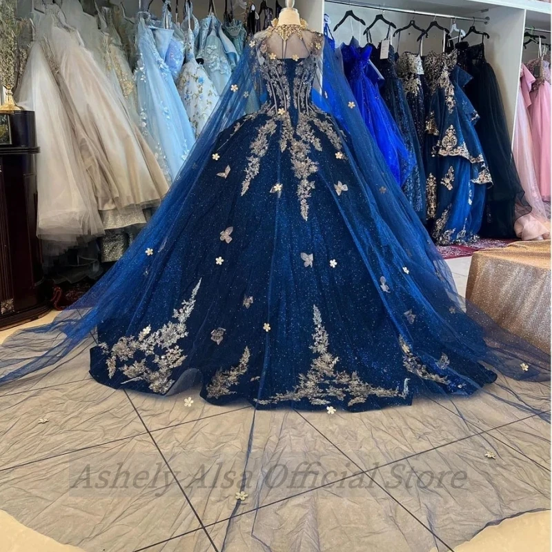 Real Picture Navy Blue Sweet 16 Quinceanera Dress With Cape Appliques Princess Girl Prom Birthday Party Gown Vestidos De 15 Años