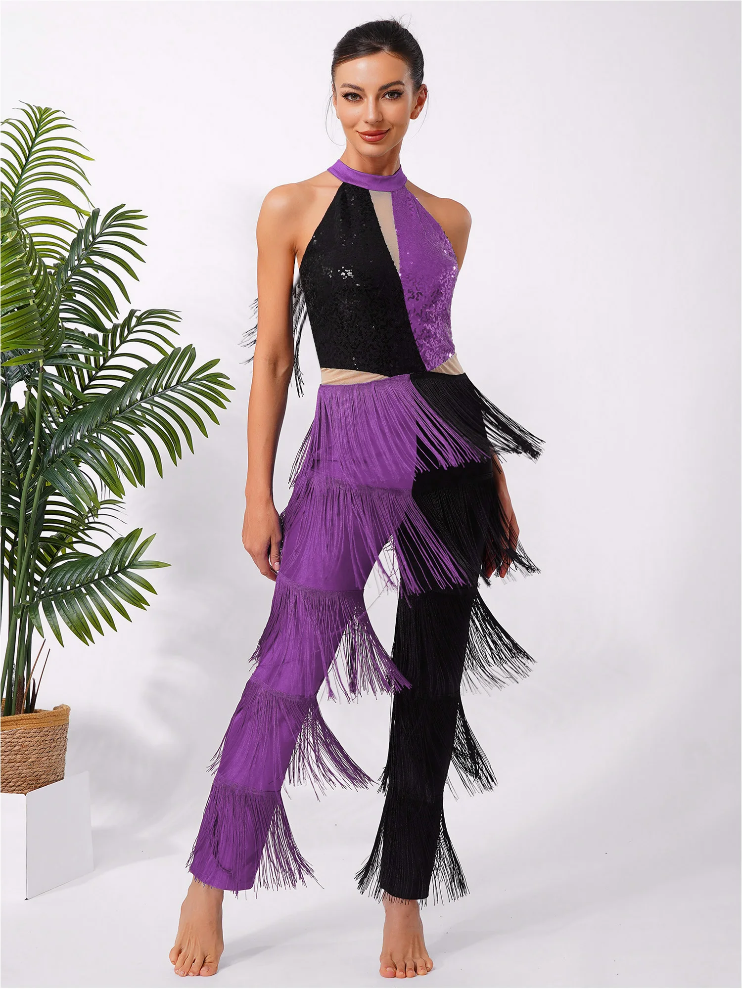 Frauen Hippie 70er Jahre Disco Kostüm Glänzende Pailletten Quaste Fransen Hosen Retro Party Einteiliger Overall Prom Clubwear Latin Dancewear
