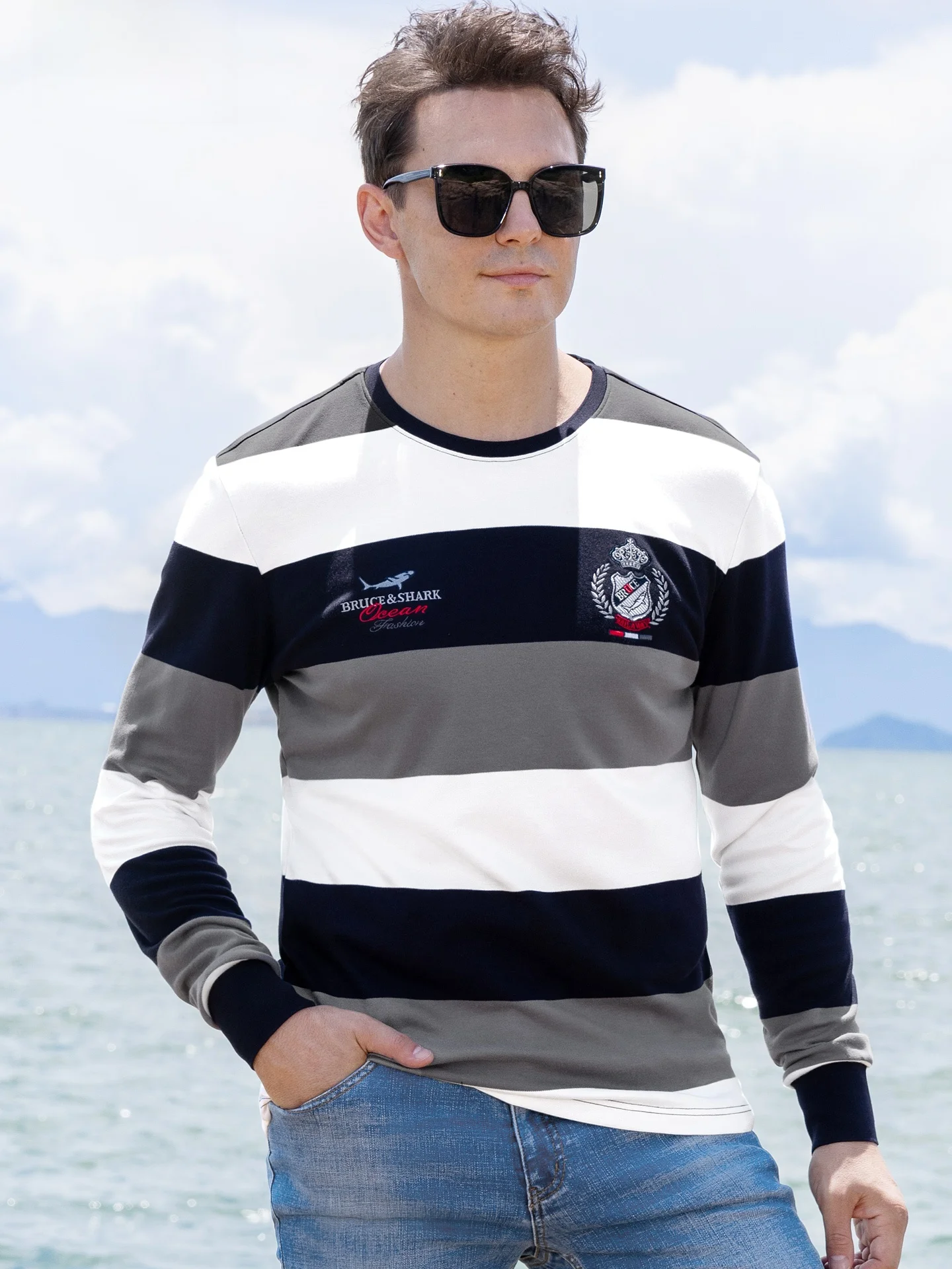 

Мужская свободная футболка с длинным рукавом, бренд Bruce And Ark Fashion, большие размеры, повседневная, из хлопка и модала, дышащая