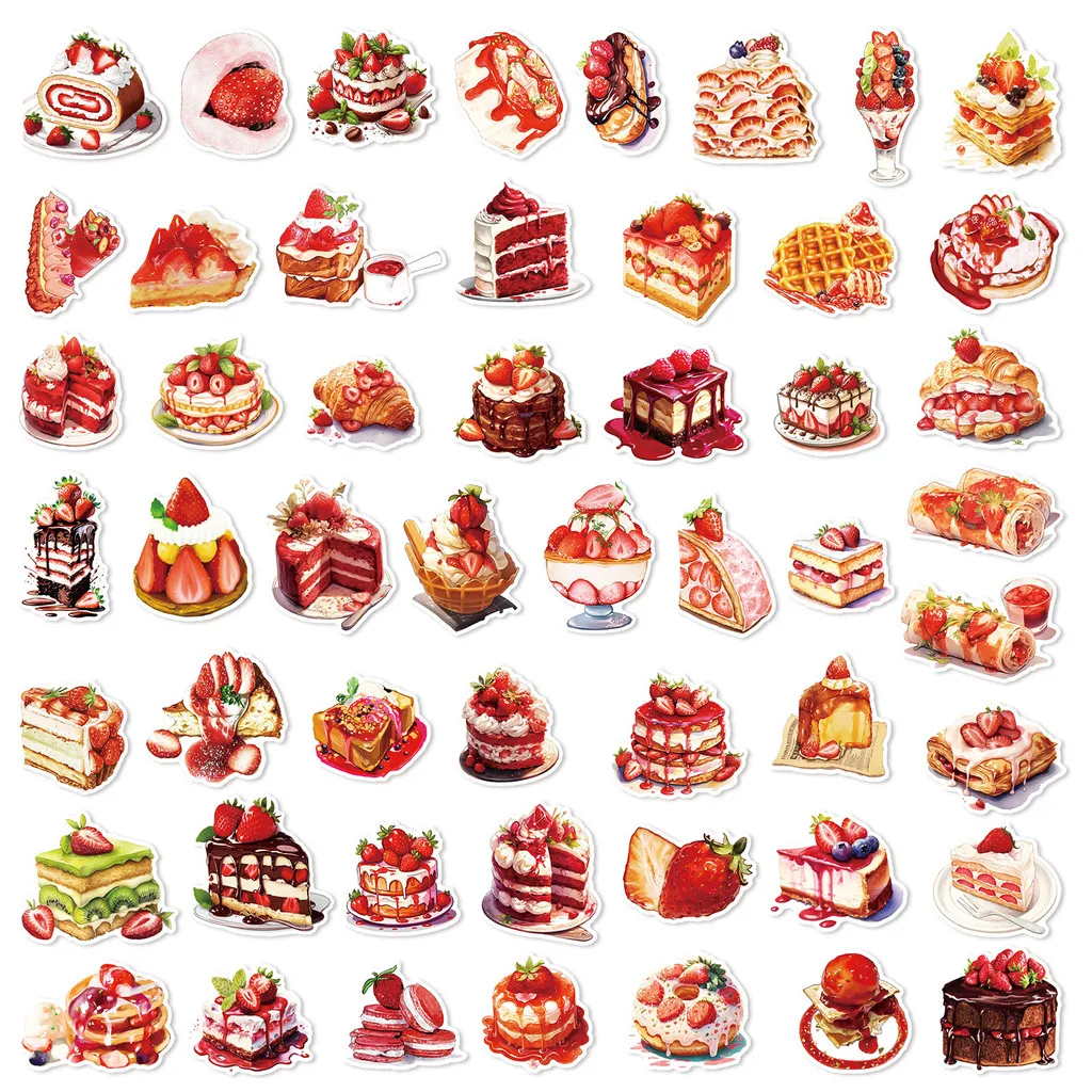 50PCS Strawberry Cake Dessert Graffiti Stickers for Helmet Bicycle Hand Account Pencil Case Decals