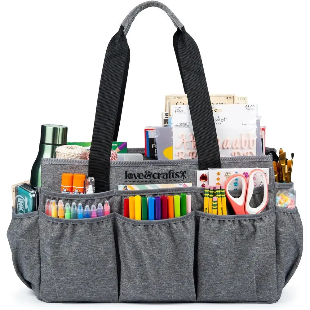 

Large Craft Organizer Tote Bag - Art Bag 16 x 7.9 x 9.5 with Elastic Side Pockets to Keep Markers Tidy - Durable Craft Bag Organ