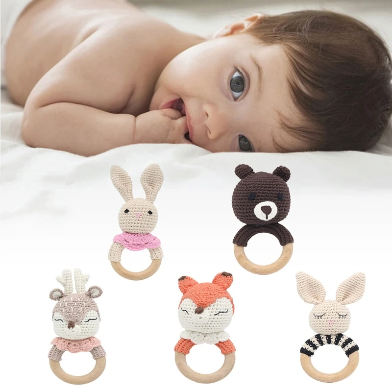 Baby Teether แหวนไม้ Handmade BPA ฟรีเคี้ยวของเล่นฟันด้ายฝ้ายโครเชต์สัตว์ Rattle ถักมือ W3JF