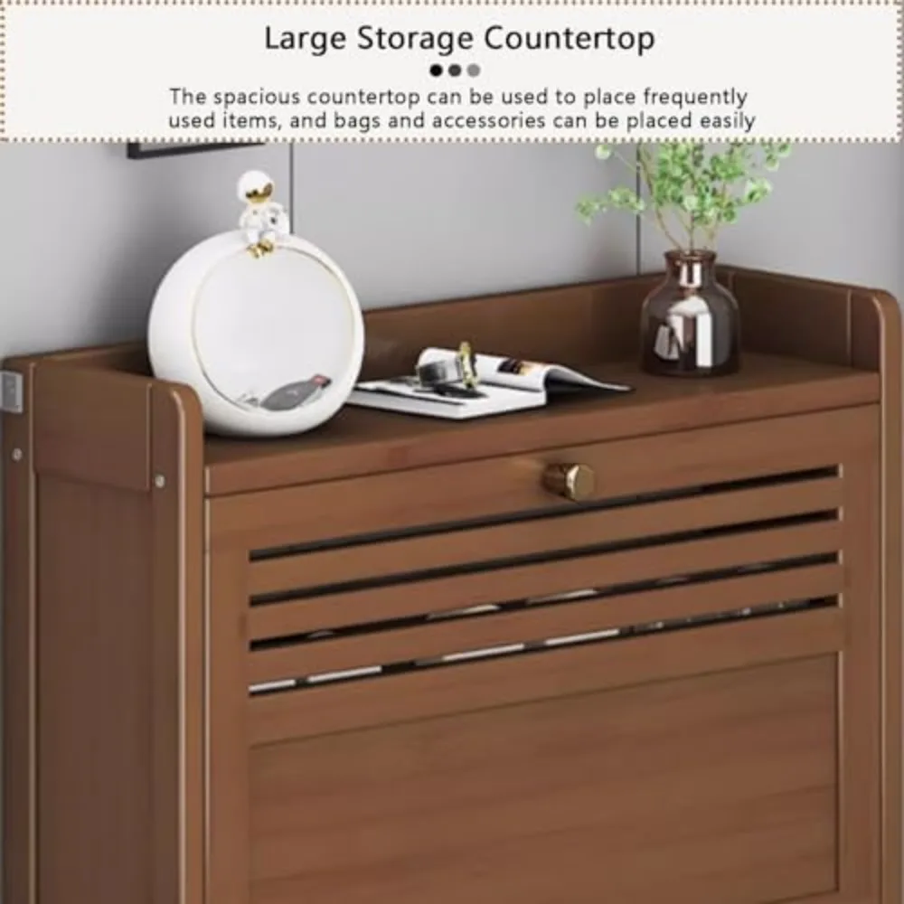 خزانة أحذية ذات درج قابل للطي للمدخل، منظم أحذية من الخيزران مع مساحة تخزين مخفية، خزانة أحذية بثلاثة أدراج للباب المنزلق #5