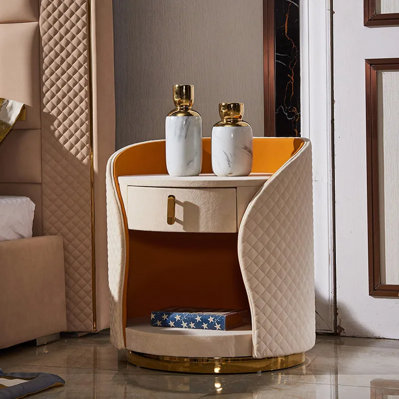 Modern  nordic light luxury  home furniture bedroom gold metal legs cylindrical wood center fabric storage bedside table set