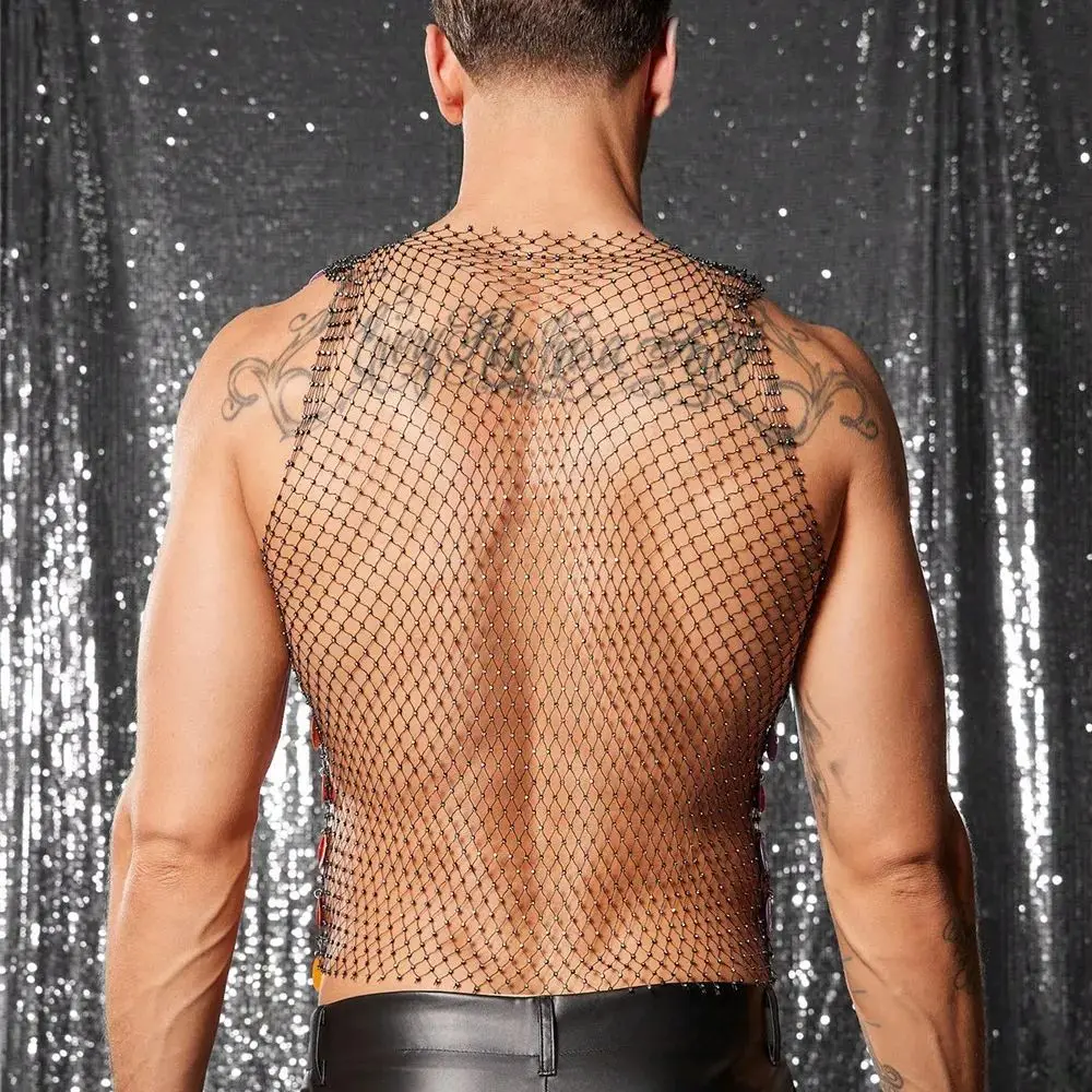 Heavy-Duty Diamond-Encrustedผู้ชายFishnetเสื้อกั๊กHandmade Beadedดูผ่านTop CyberpunkพราวLight-Up Openwork Jacket