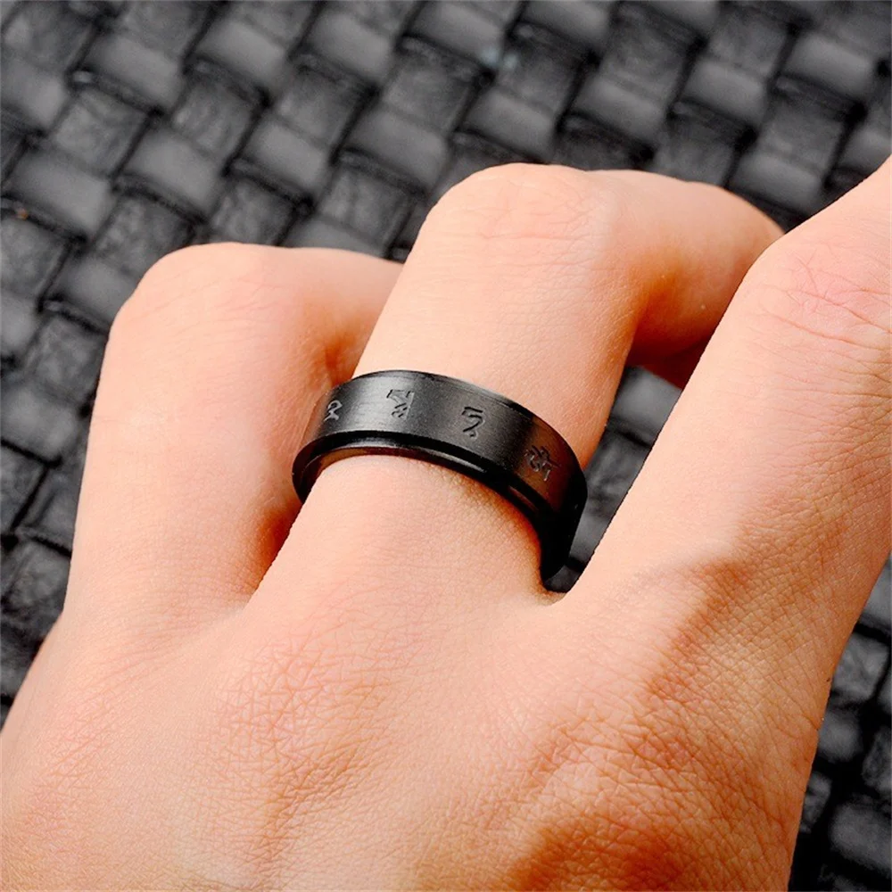 Anti Stress Anxiety Fidget Spinner Buddhism Mantra Ring 8mm Black Color Stainless Steel Rotating Mood Rings For Men Jewelry Gift