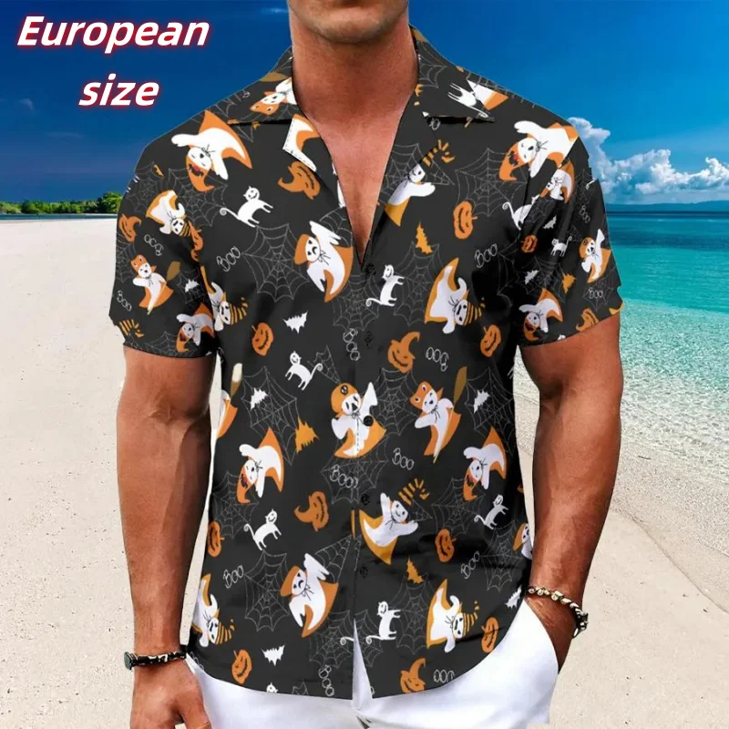

Ghost Pumpkin Cute Cat Pattern Hawaiian Shirt For Men Halloween 3D Printed Blouse Summer Short Sleeve Lapel Tops Aloha Shirts