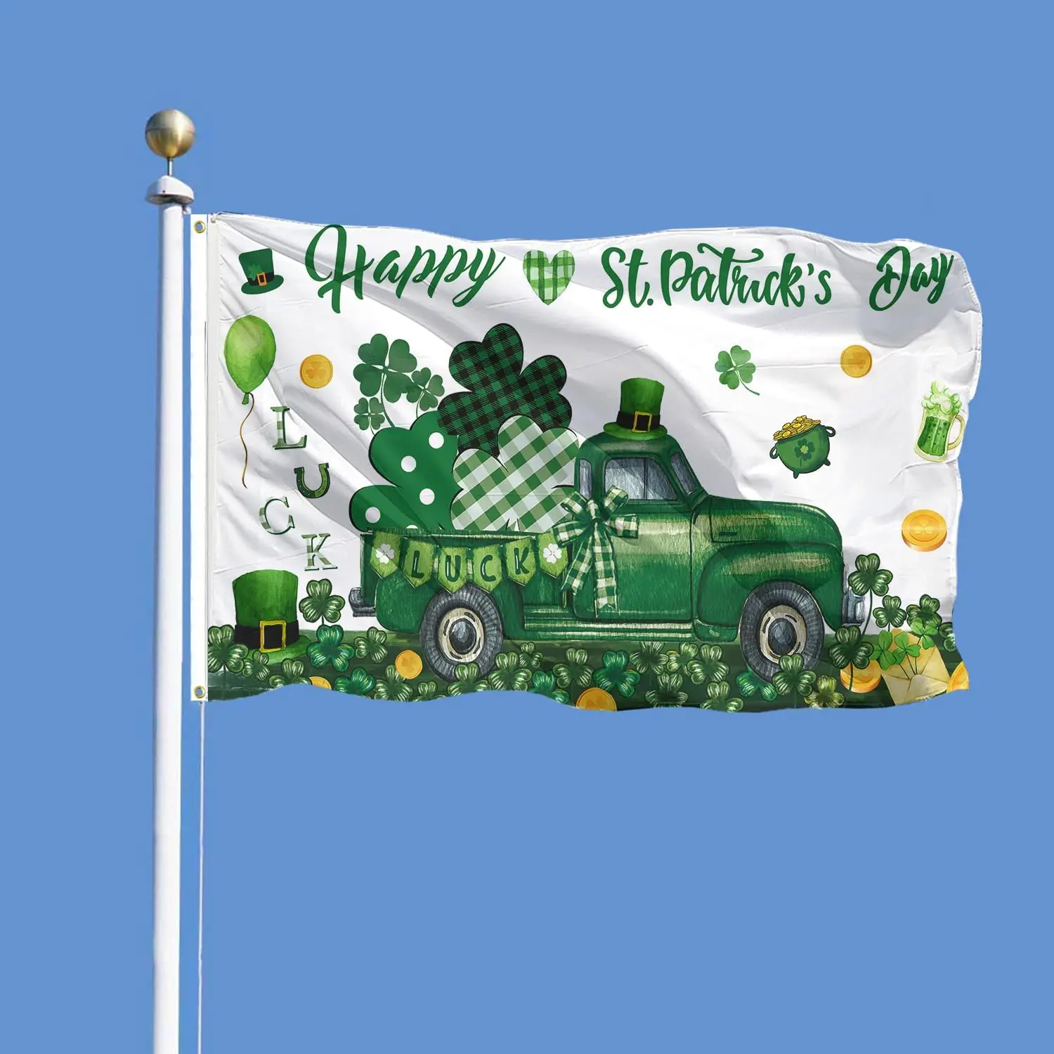 Happy St Patricks Day Flag Spring Irish Shamrock Clovers Flag, Rustic Shamrock Green Truck Welcome Yard Flag