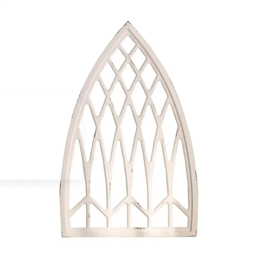 French Country Decor Gothic Cathedral Window Frame, Distressed White Wood Wall Panel, 36.8x23.6 Inches, Vintage Farmhouse Style