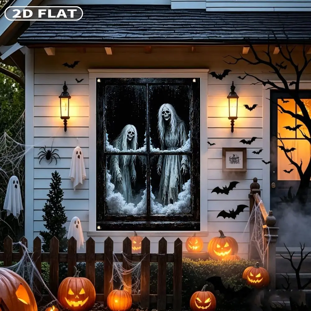 2D FLAT 1pc Party Banner, Halloween Window Cover with Two Ghostly Figures Behind Snowy Window Pane,122x88cm, Polyester