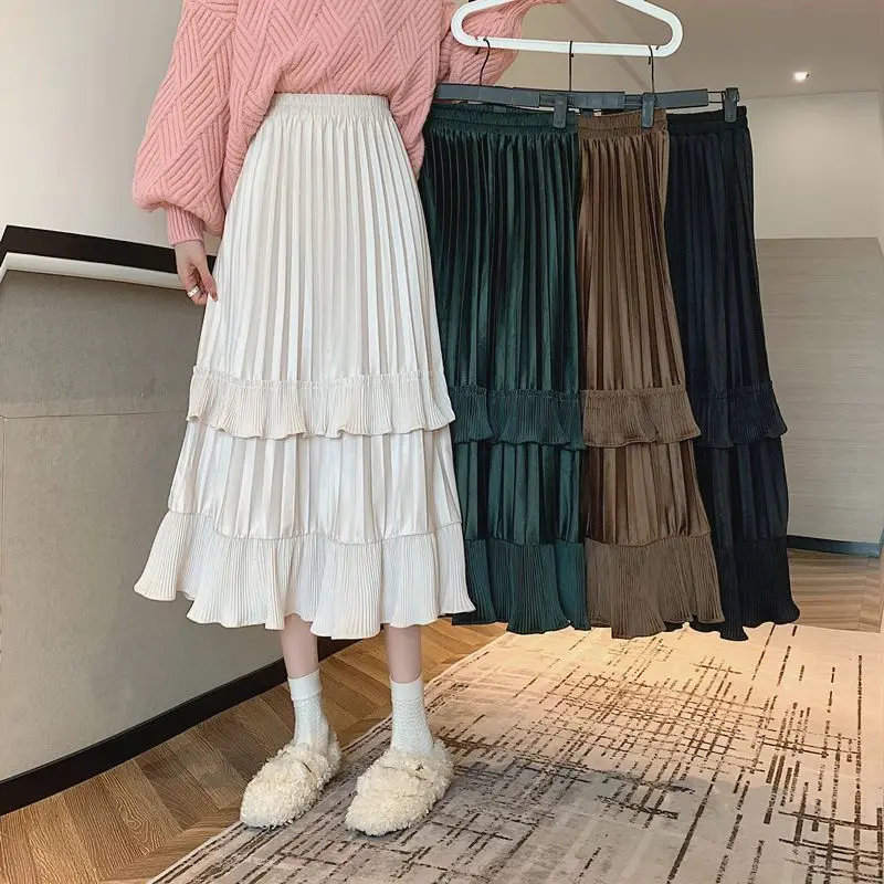 Herbst-Winter-Cord-Midi-Röcke für Damen, lässige Retro-Rock mit mehreren Lagen, einfarbiger, plissierter A-Linien-Rock, modischer koreanischer Stil. – Detail 6