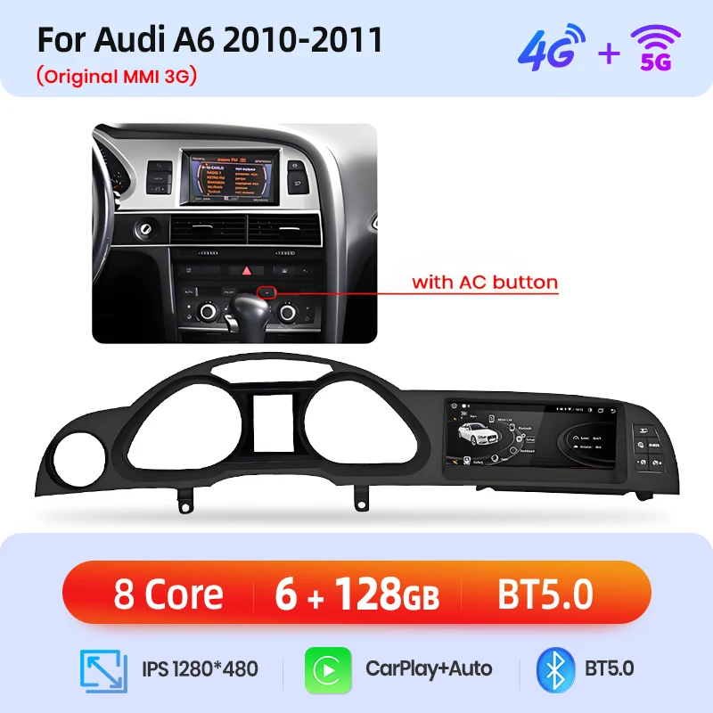 Junsun 8.8 Inch Draadloze CarPlay Andorid Auto Radio Multimedia Voor Audi A6 C6 4F 2005-2011 MMI 2G 3G GPS Navigatie Stereo