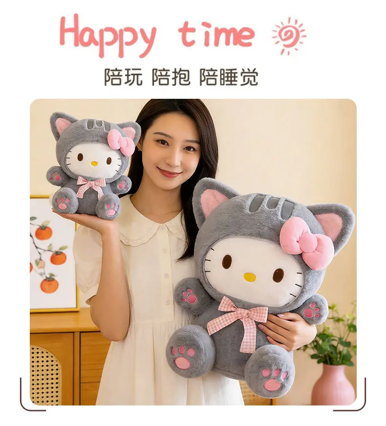 20/30/45/60CM Niedliche Graue Katze Hello Kitty Plüschpuppe mit Kariertem Schleifendesign KT Stofftier Weiches Kissen Heim- und Raumdekoration Geburtstagsgeschenk – Detail 17