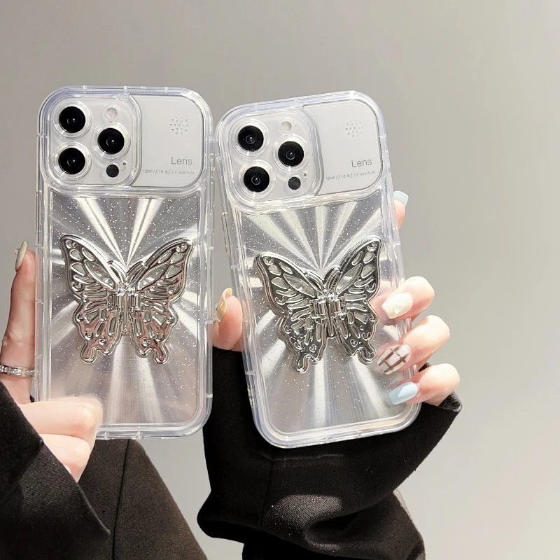 

Stylish Cute 3D Sliver Butterfly Stand Bracket Phone Case Cover For iPhone 15 14 13 Pro Max