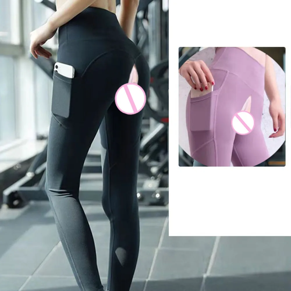 Pfirsich Hip Yoga Leggings, unsichtbarer offener Schritt, Outdoor Sex Hip Lifting, Sport hose, Tasche, Nachtclub Jogger, Fitness Fitness tr